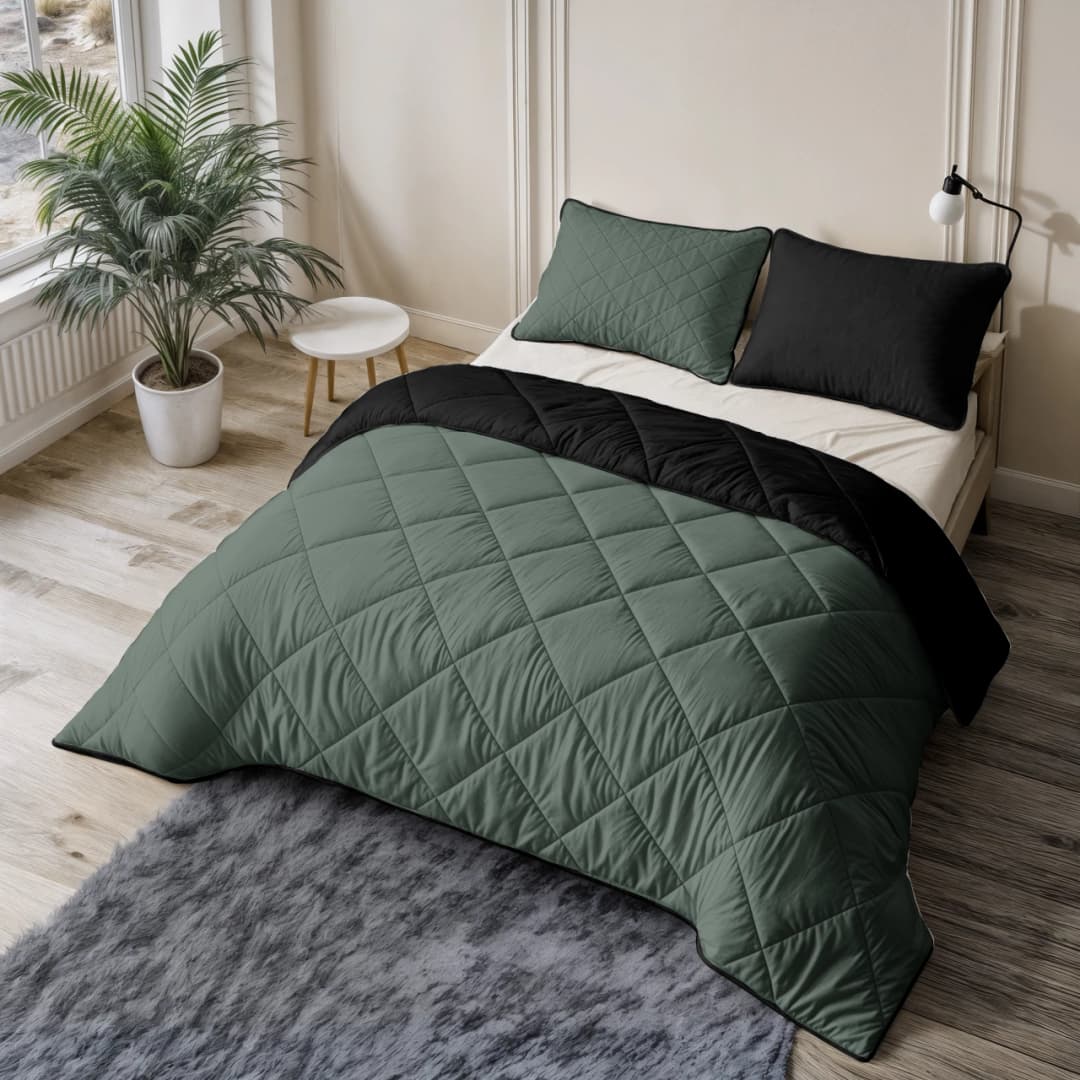 Wasbaar dekbed Lou uni Groen/Zwart 140x200 cm
